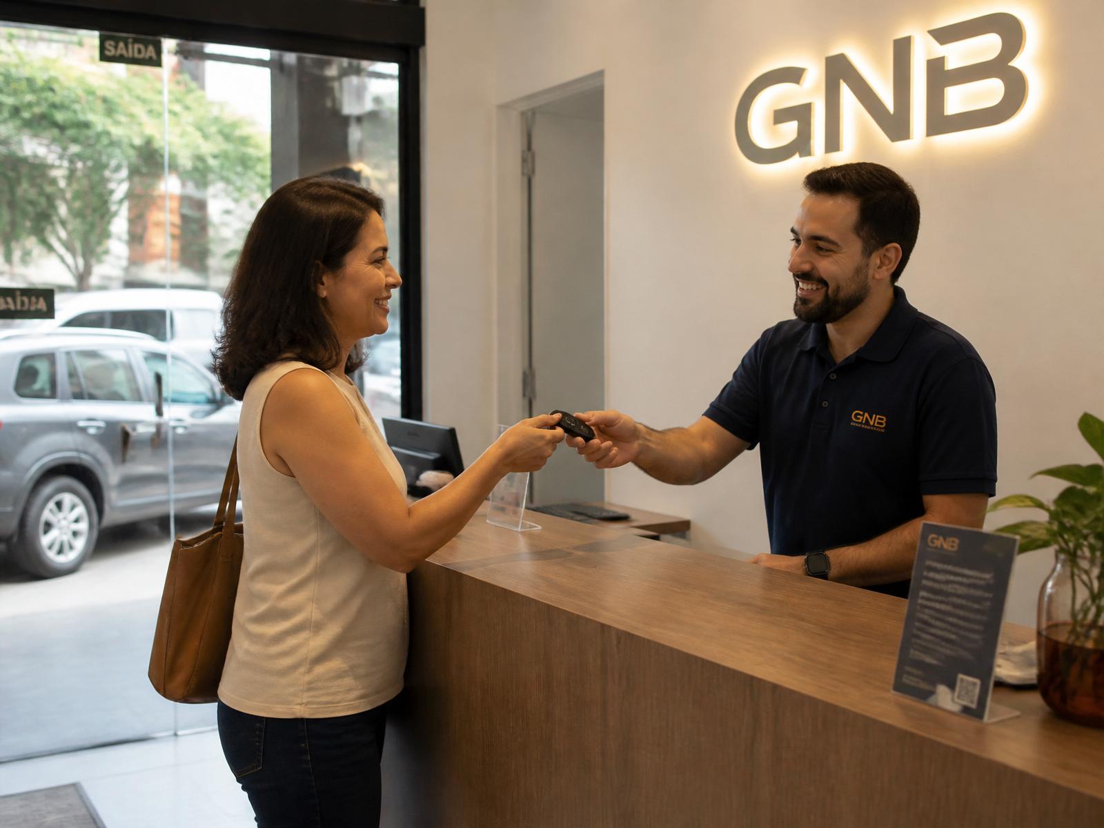 Cliente entregando a chave do carro ao consultor da GNB no balcão de atendimento