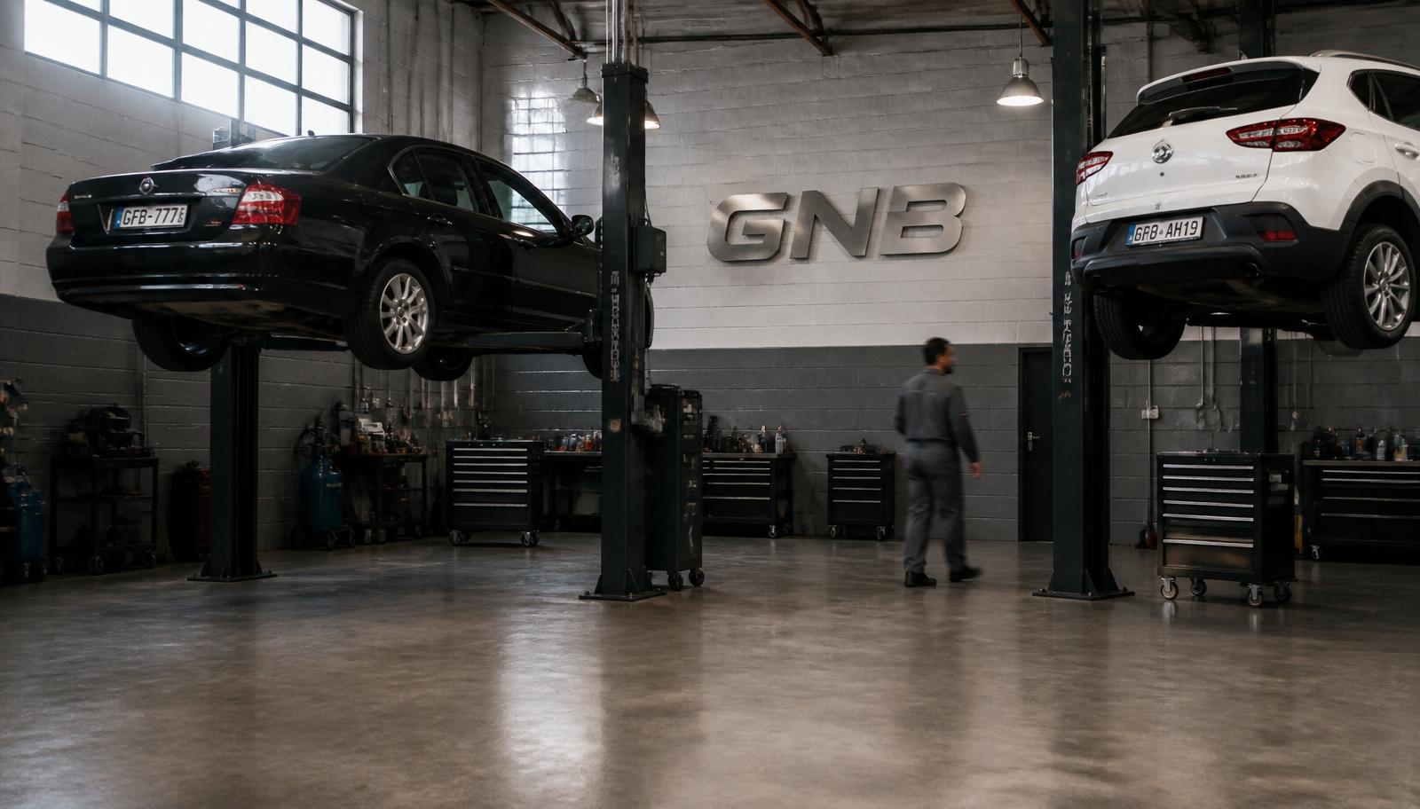 Oficina GNB Auto — dois carros elevados em box amplo com luz natural